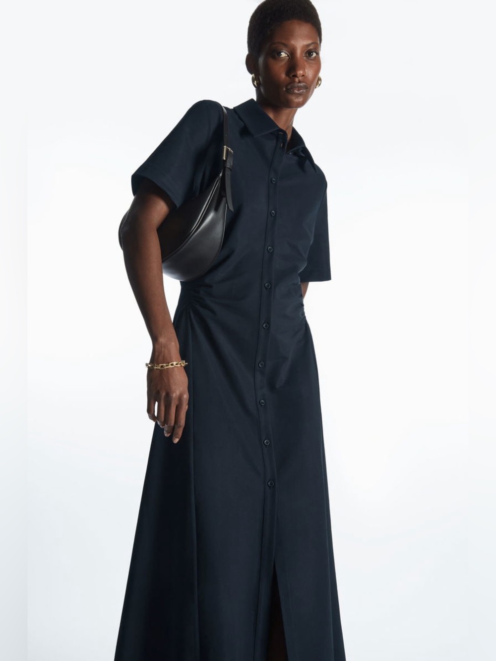 COS Dark Blue Short Sleeve Ruched Button Front Shirt Collared Midi Dress Large - Picture 5 of 12